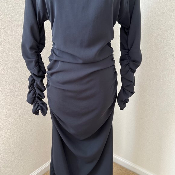 BCBGMaxAzaria Long Sleeve Midi Dress Size 6 Black Ruching Cocktail Bodycon - Picture 8 of 14